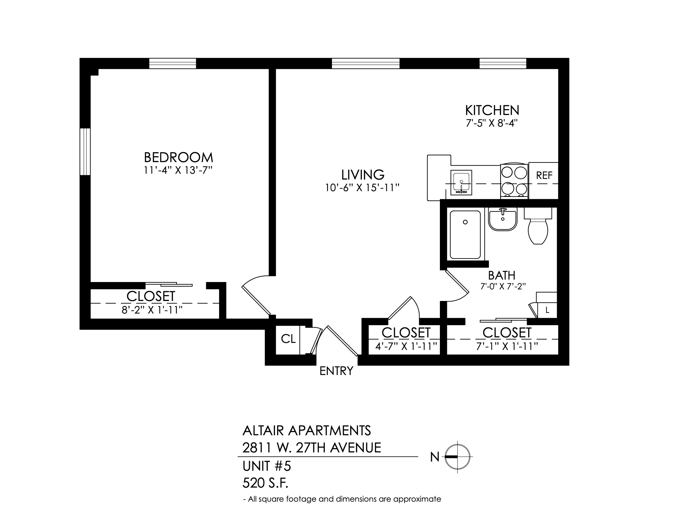 Floor plan for 1 bed, 1 bath, 535 sqft